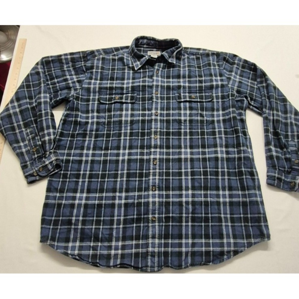 Carhartt Hubbard Plaid Flannel Shirt Men's 2XL Tall Blue Thick Heavy Button Up